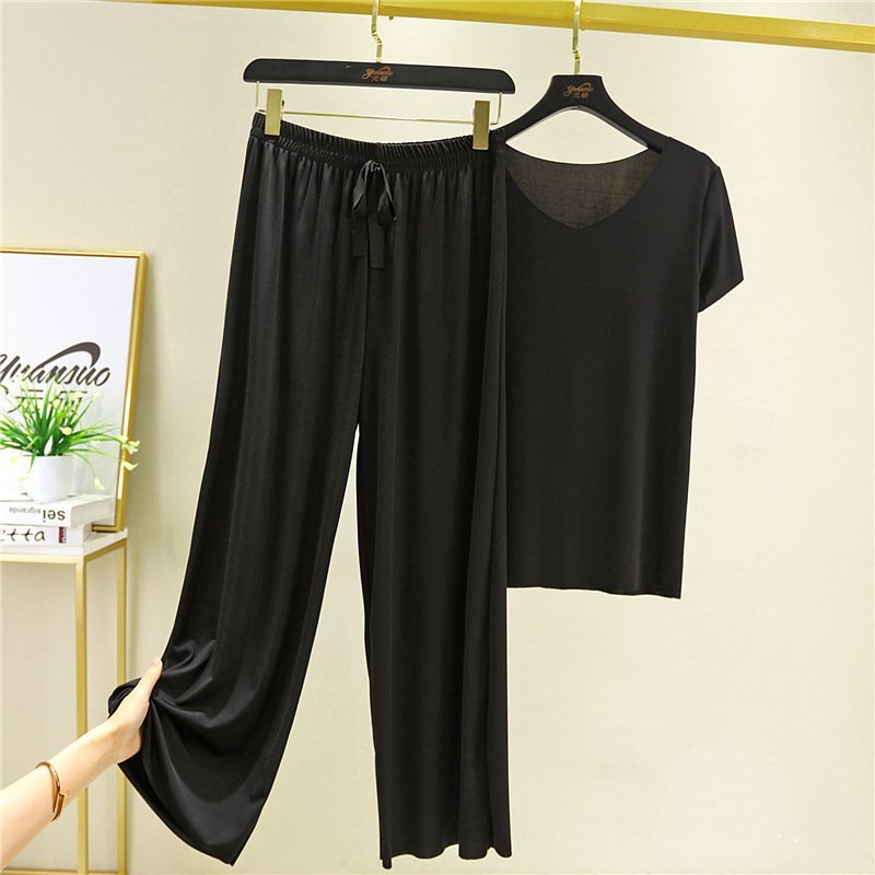 Ice Silk Short Sleeve T-Shirt with loose wide leg pants Set-EchoDecor