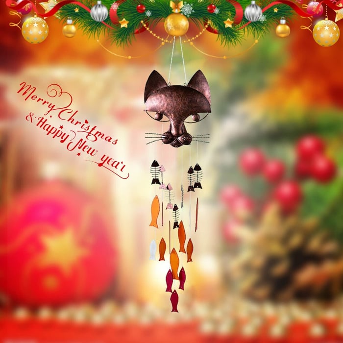 🐱Handcrafted Metal Cat and Fish Wind Chime🎏-EchoDecor