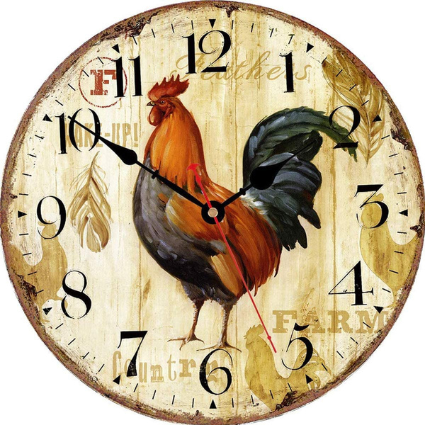 🐔Vintage Farmhouse Kitchen Wall Clocks Battery Operated Rooster Analog Clock 🐓-EchoDecor