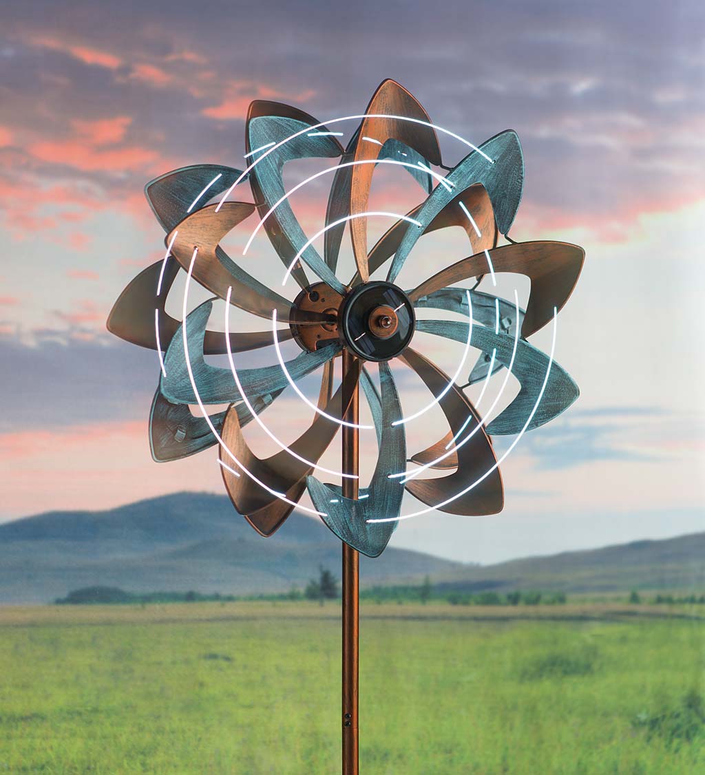 Solar Lighted LED Flower Metal Wind Spinner with Bi-Direction Rotors-Etcy Decor
