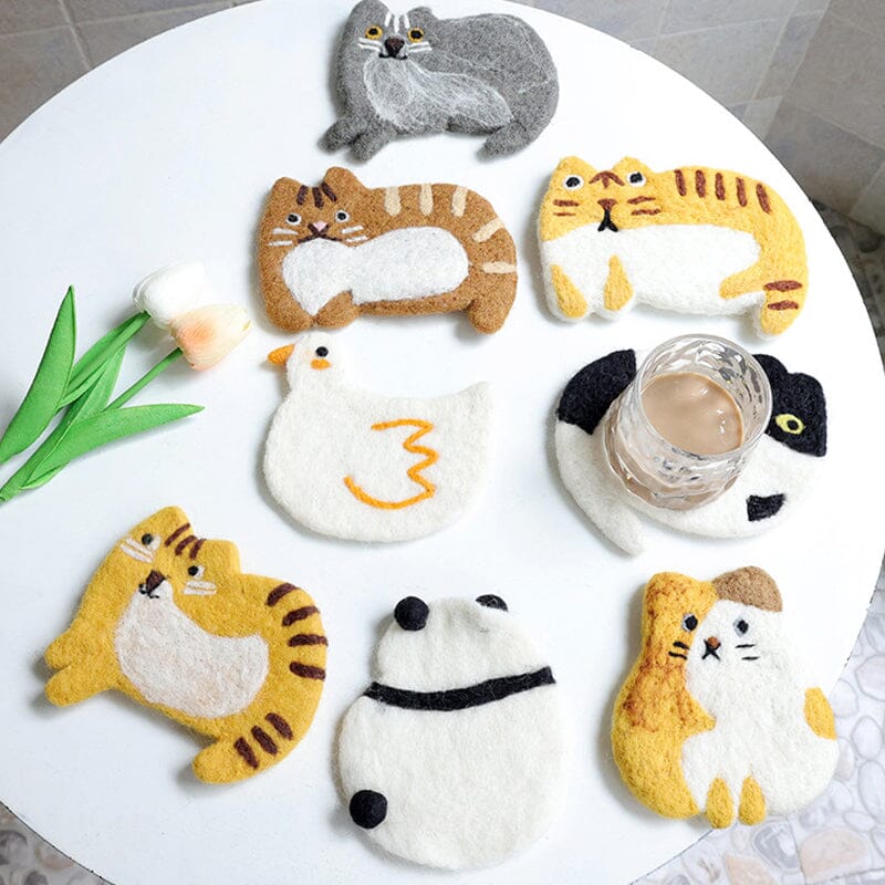 🎠Cute Handmade Wool Felt Animal Kitty Cat Cup Coasters✨-EchoDecor