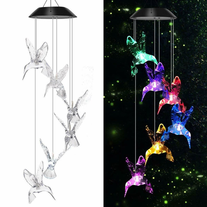 Color-Changing LED Solar Powered Hummingbird Wind Chime-EchoDecor
