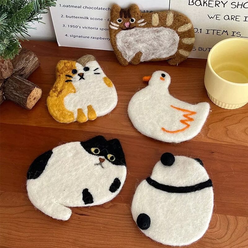 🎠Cute Handmade Wool Felt Animal Kitty Cat Cup Coasters✨-EchoDecor