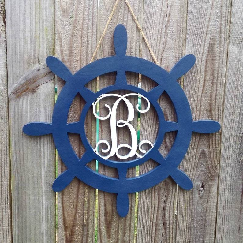 18" Captains Wheel Nautical Monogram Ocean Door Hanger-Etcy Decor