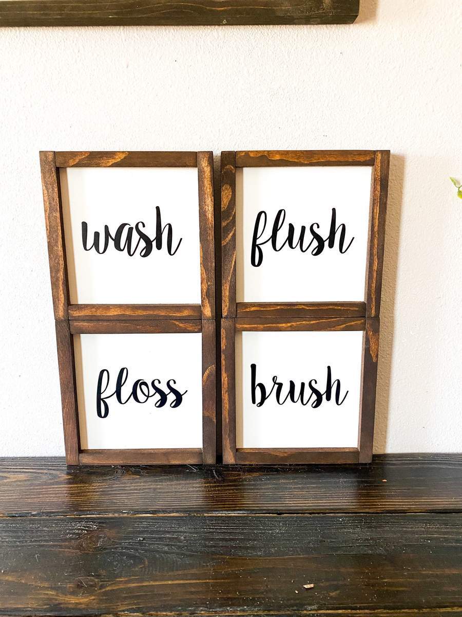 Bathroom framed wood sign set Brush, Floss, Wash, Flush / Set of 4 bathroom decor signs-EchoDecor