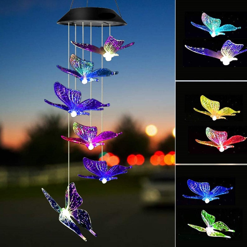 Solar Powered Color Changing LED Large Butterfly Wind Chimes-EchoDecor