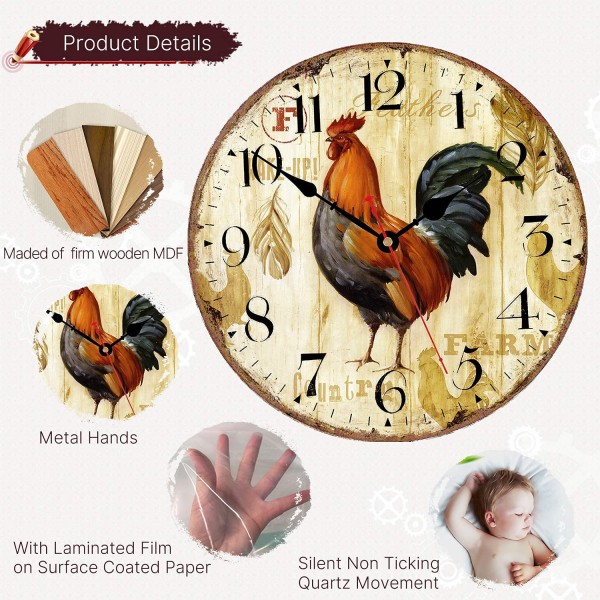 🐔Vintage Farmhouse Kitchen Wall Clocks Battery Operated Rooster Analog Clock 🐓-EchoDecor