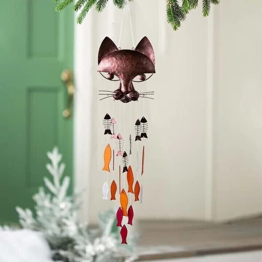 🐱Handcrafted Metal Cat and Fish Wind Chime🎏-EchoDecor