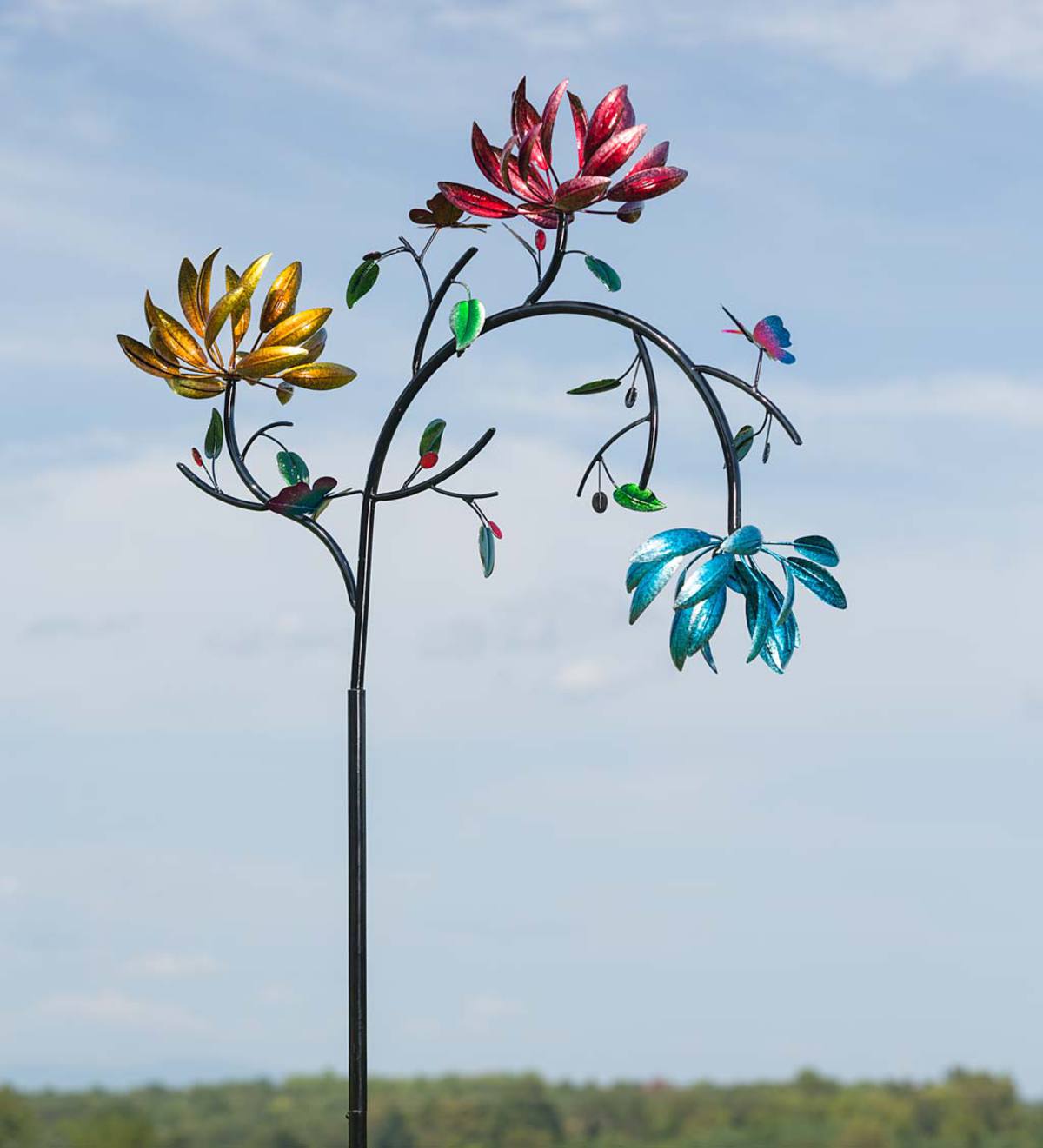 Large Metal Wind Spinner with Three Spinning Flowers and Butterflies-EchoDecor
