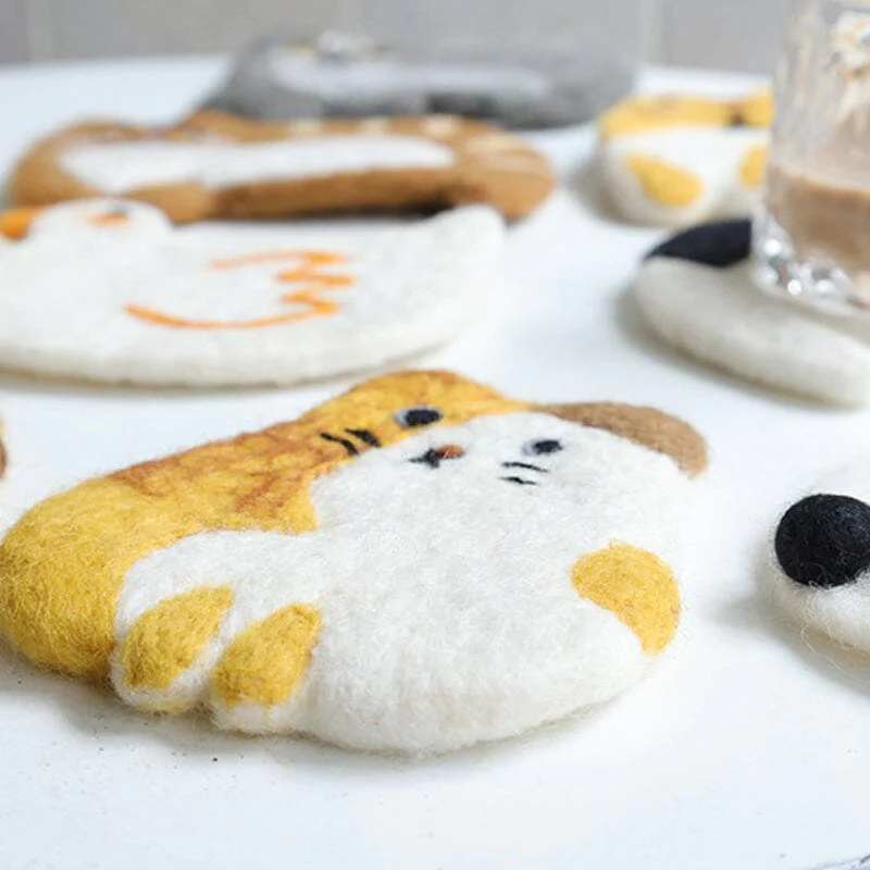 🎠Cute Handmade Wool Felt Animal Kitty Cat Cup Coasters✨-EchoDecor