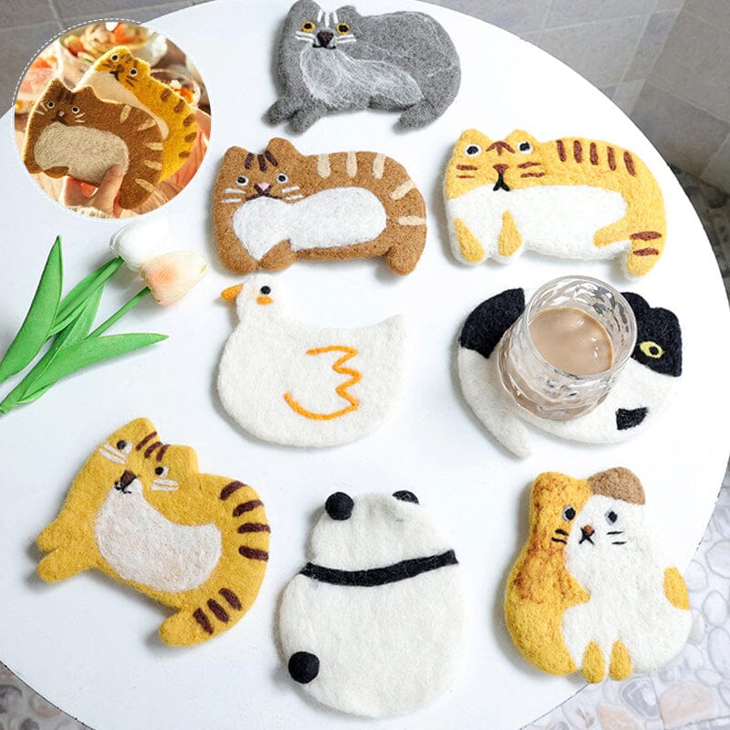 🎠Cute Handmade Wool Felt Animal Kitty Cat Cup Coasters✨-EchoDecor