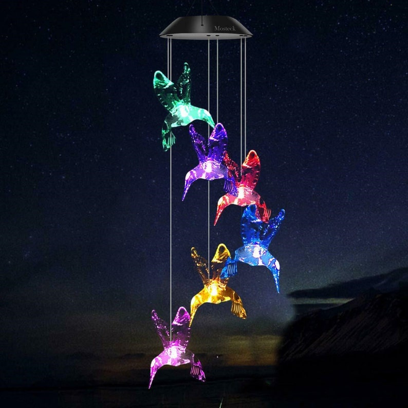 Color-Changing LED Solar Powered Hummingbird Wind Chime-EchoDecor
