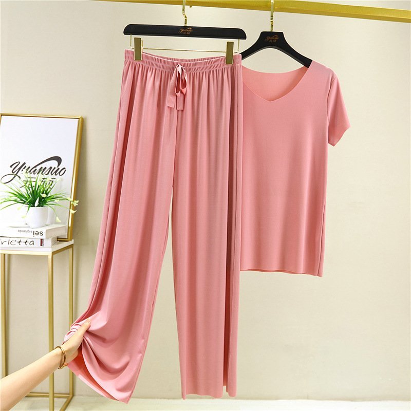 Ice Silk Short Sleeve T-Shirt with loose wide leg pants Set-EchoDecor
