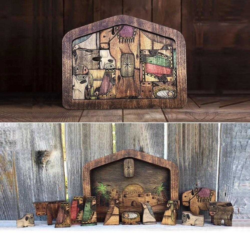 Wooden Jesus Puzzle Statue, Nativity Puzzle with Wood Burned Design