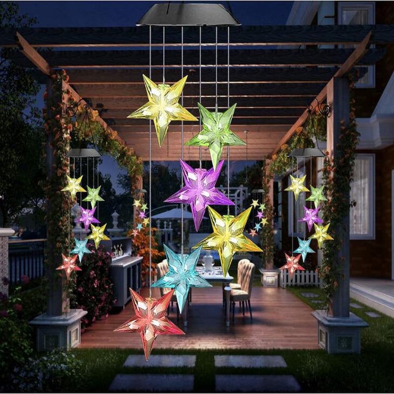 Solar Powered LED Color Changing Star Wind Chime-EchoDecor