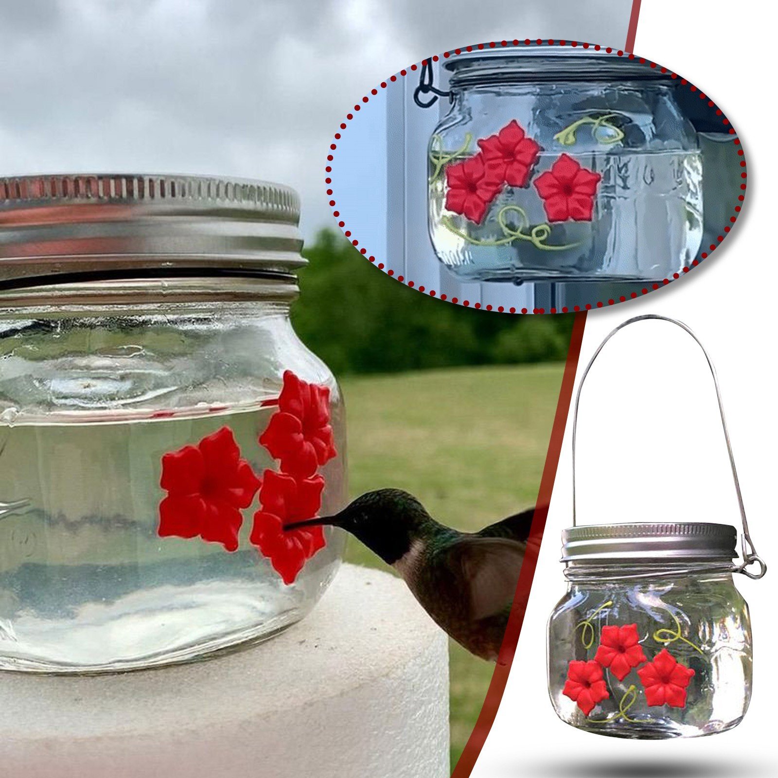 Beautiful Mason Jar Hummingbird Feeder W/Three Ports -Etcy Decor