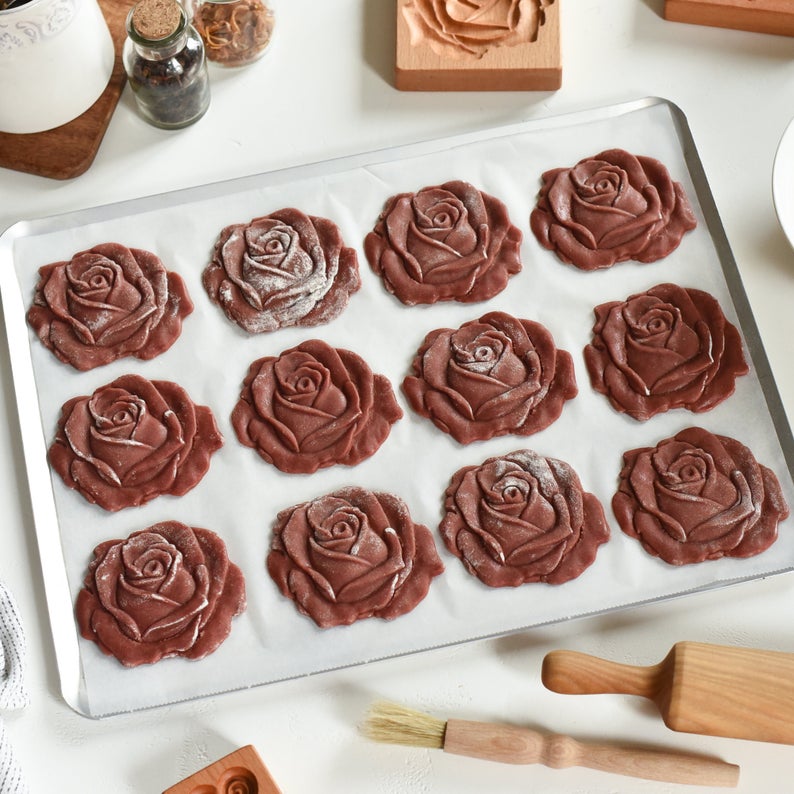 Provance rose cookie stamp-Pine cone cookie stamp-Cookie cutter rose - Wooden gingerbread or shortbread cookie mold-EchoDecor