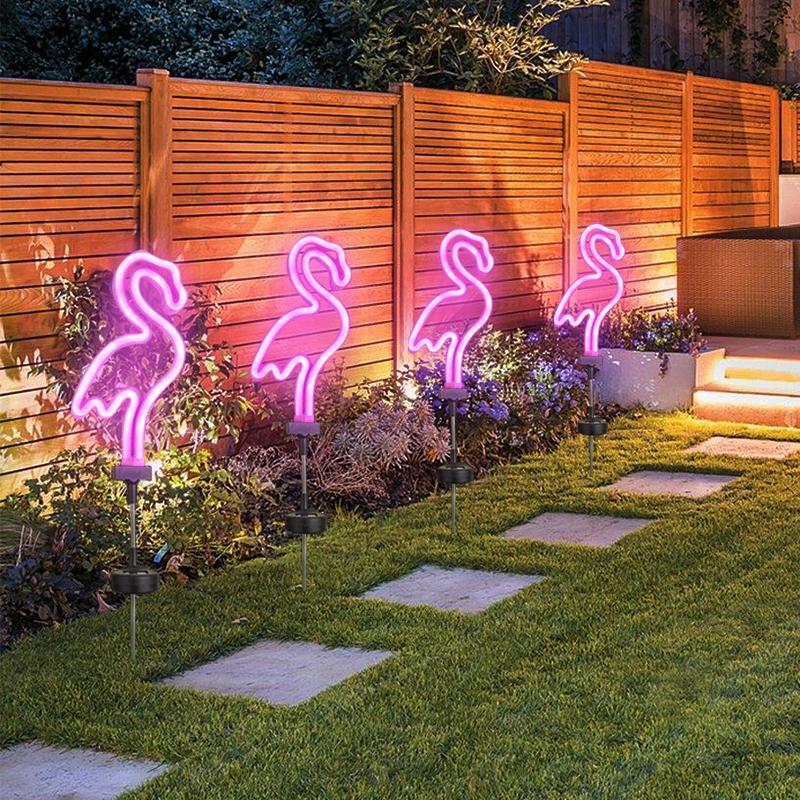 Solar LED Neon Pink Flamingo Friendly Garden Stake Light Sign-EchoDecor