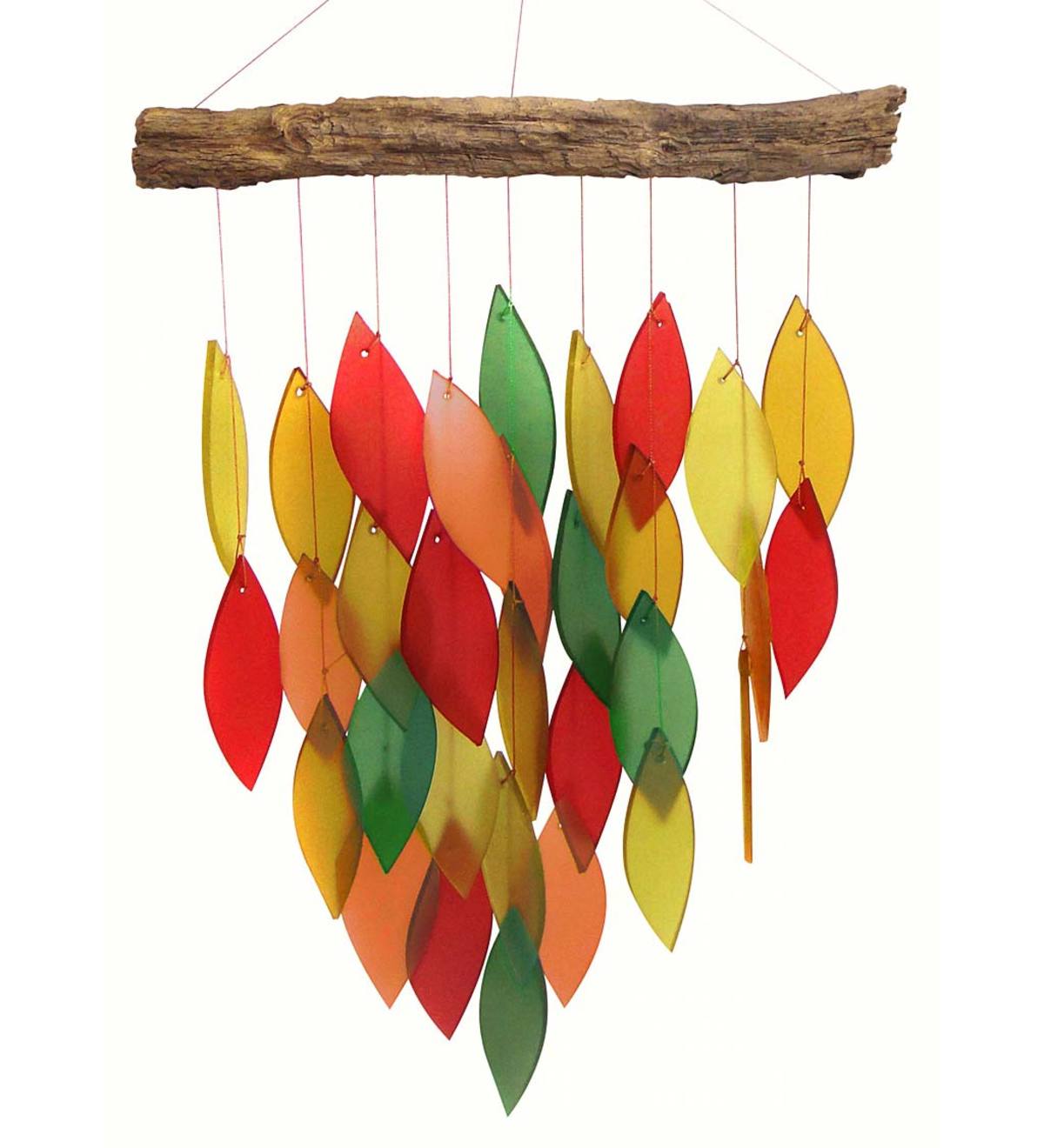 Autumn Colors Glass Leaves Wind Chime on Driftwood Stick-Etcy Decor