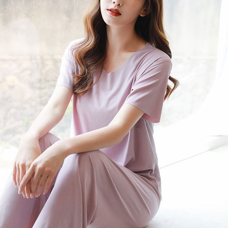 Ice Silk Short Sleeve T-Shirt with loose wide leg pants Set-EchoDecor