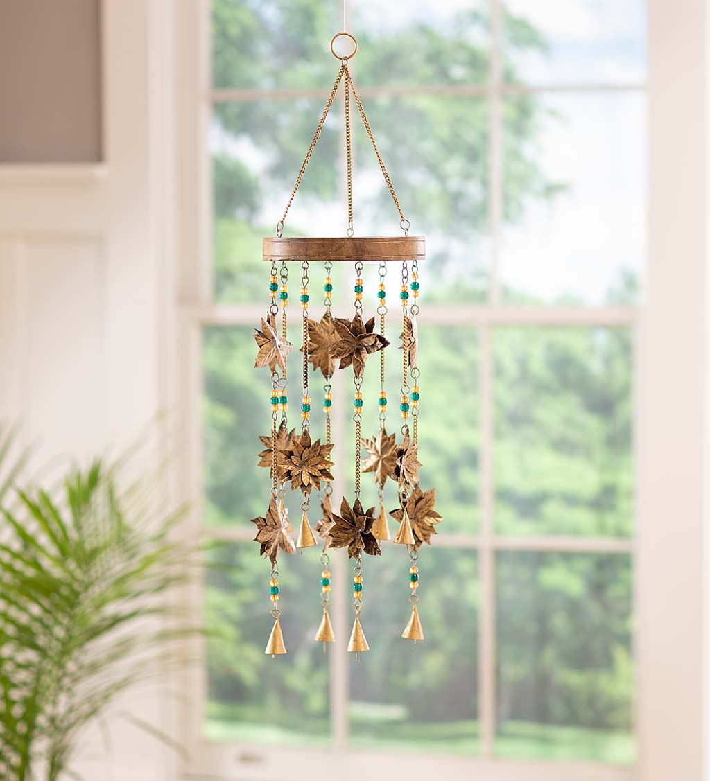 Beaded Antiqued Bronze-Colored Poinsettia Blossom Wind Chime-EchoDecor