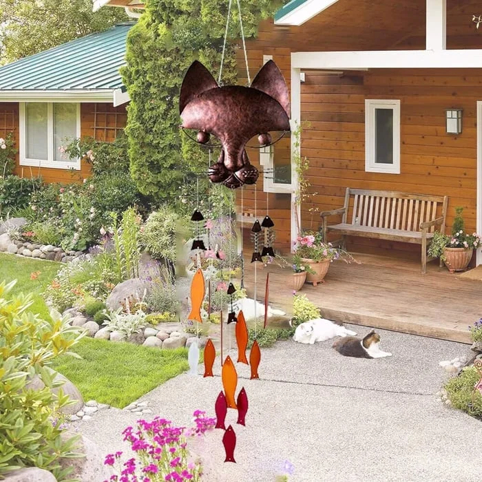 🐱Handcrafted Metal Cat and Fish Wind Chime🎏-EchoDecor