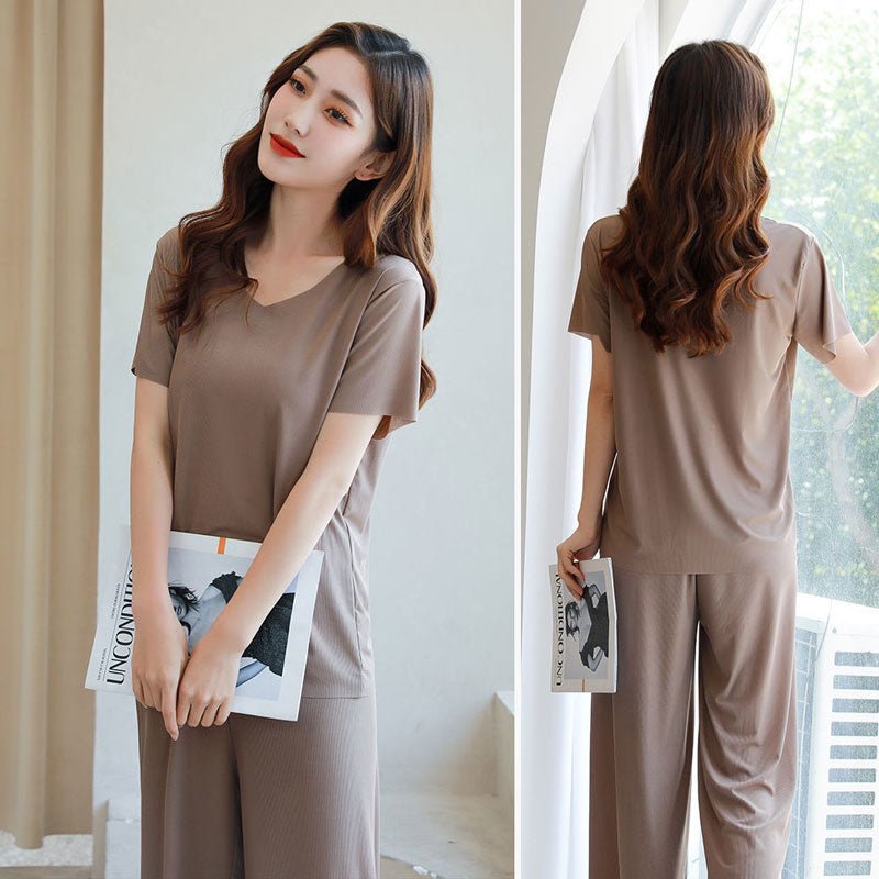 Ice Silk Short Sleeve T-Shirt with loose wide leg pants Set-EchoDecor