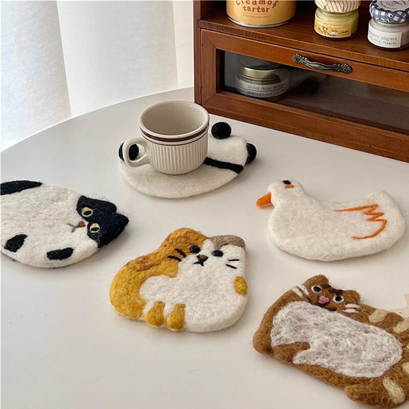 🎠Cute Handmade Wool Felt Animal Kitty Cat Cup Coasters✨-EchoDecor