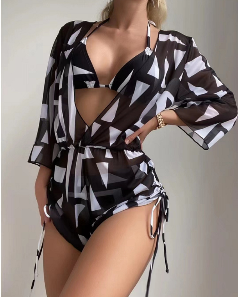 Geometric Print Halter Bikini Swimsuit & Cover Up 3 Piece Set-Pink Laura