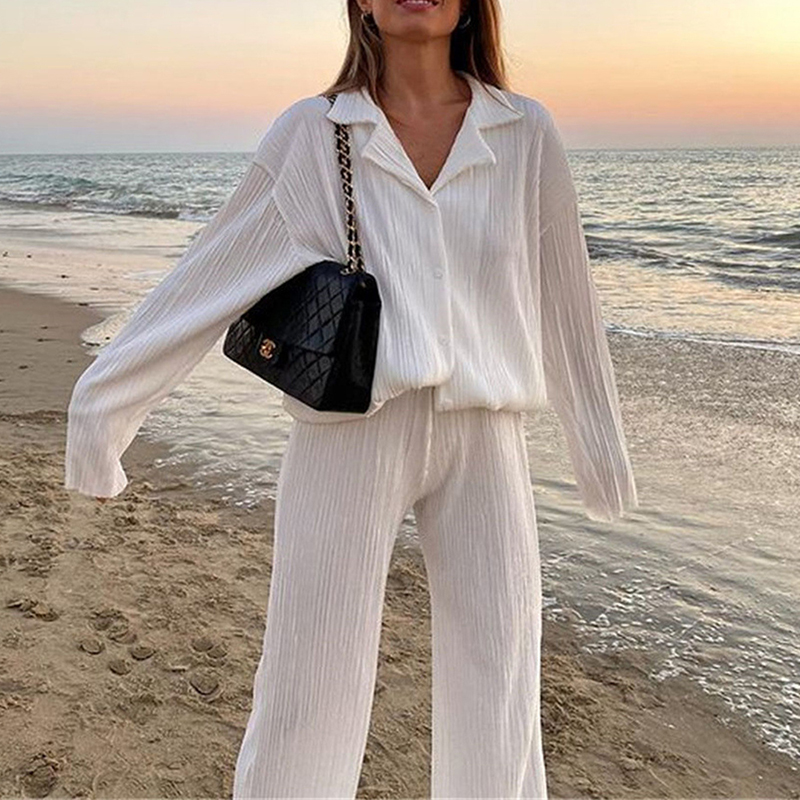 Causal Set Loose Button-Down Shirt and Pleated Wide Leg Pants 