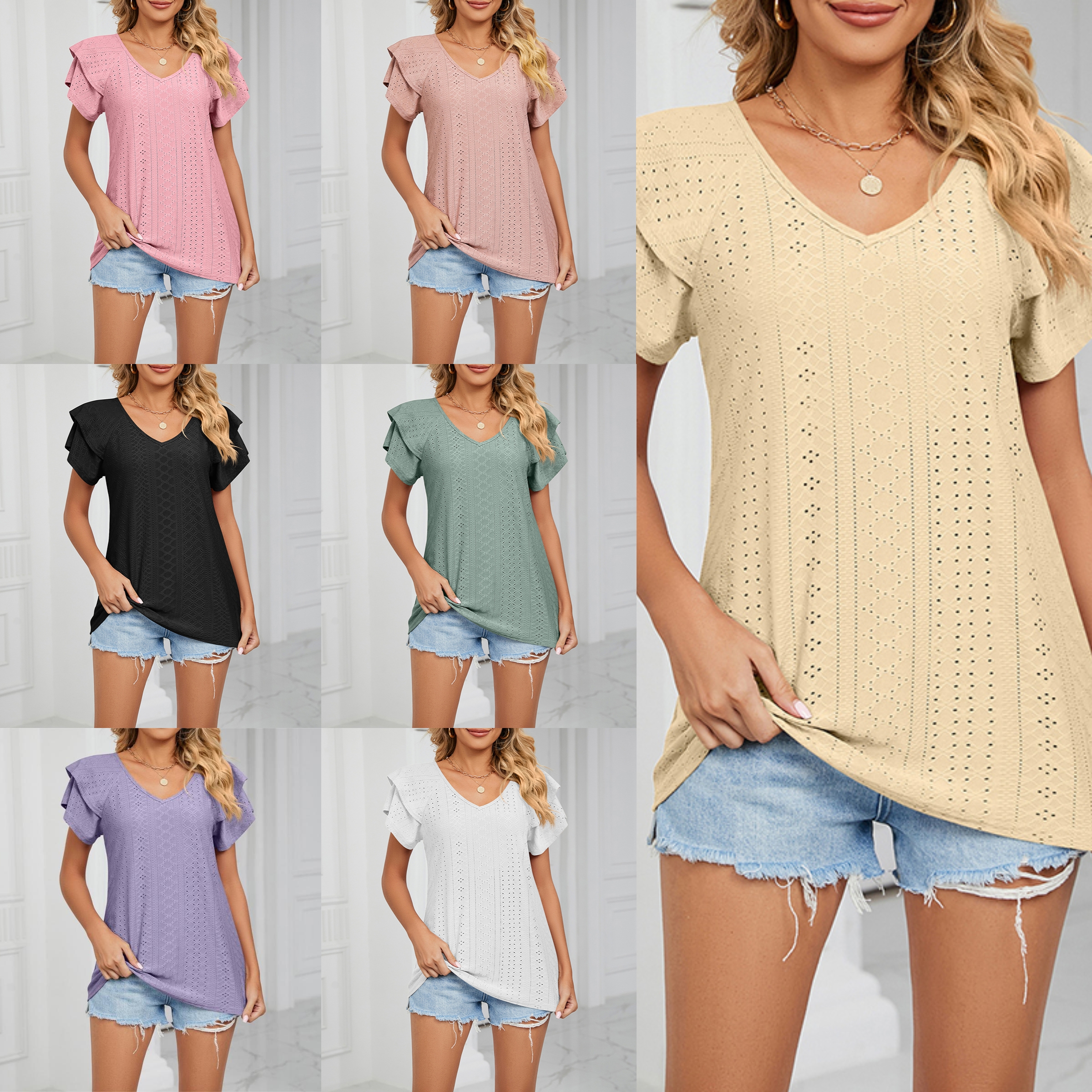 Lady New Solid Color Double-sleeved V-neck Loose T-shirt