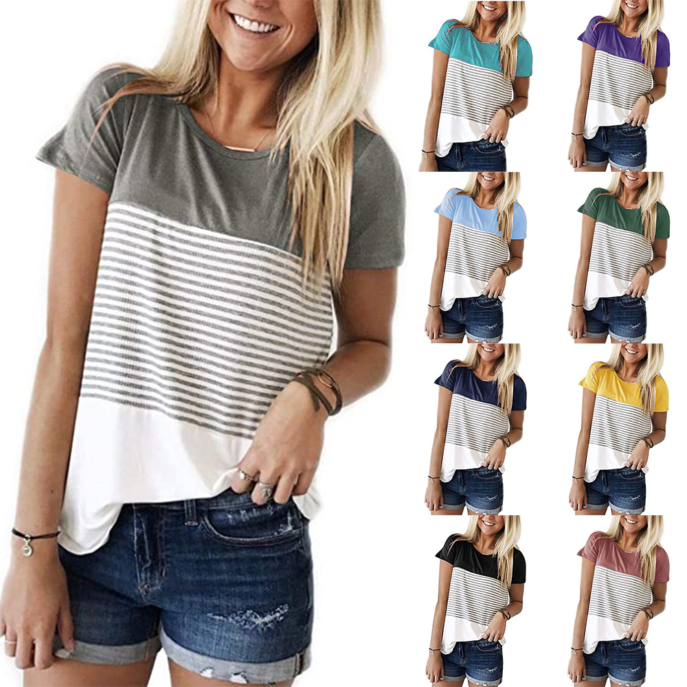Striped Panel Crew Neck Short Sleeve Casual T-Shirt-Pink Laura