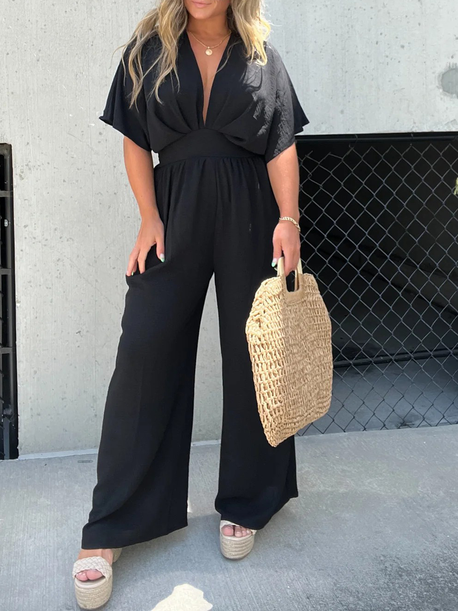 Deep V-Neck Wide Leg Jumpsuit (Buy 2 Free Shipping)-Pink Laura