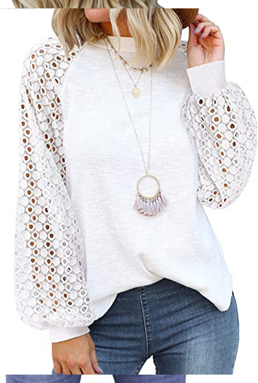 Round neck long sleeve lace splicing loose T-shirt-Pink Laura