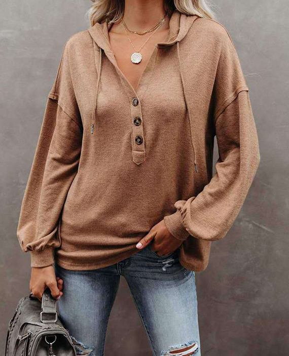 Button  Casual Loose Solid Color Closure Hoodie-Pink Laura