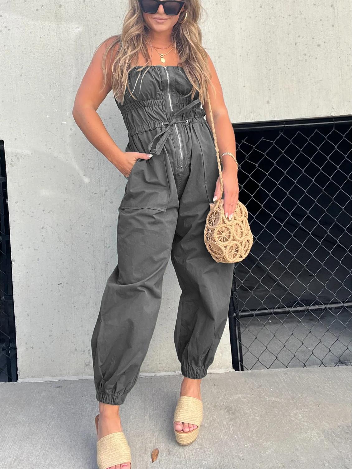Ruched Elastic Front Zipper Jumpsuit (Buy 2 Free Shipping)