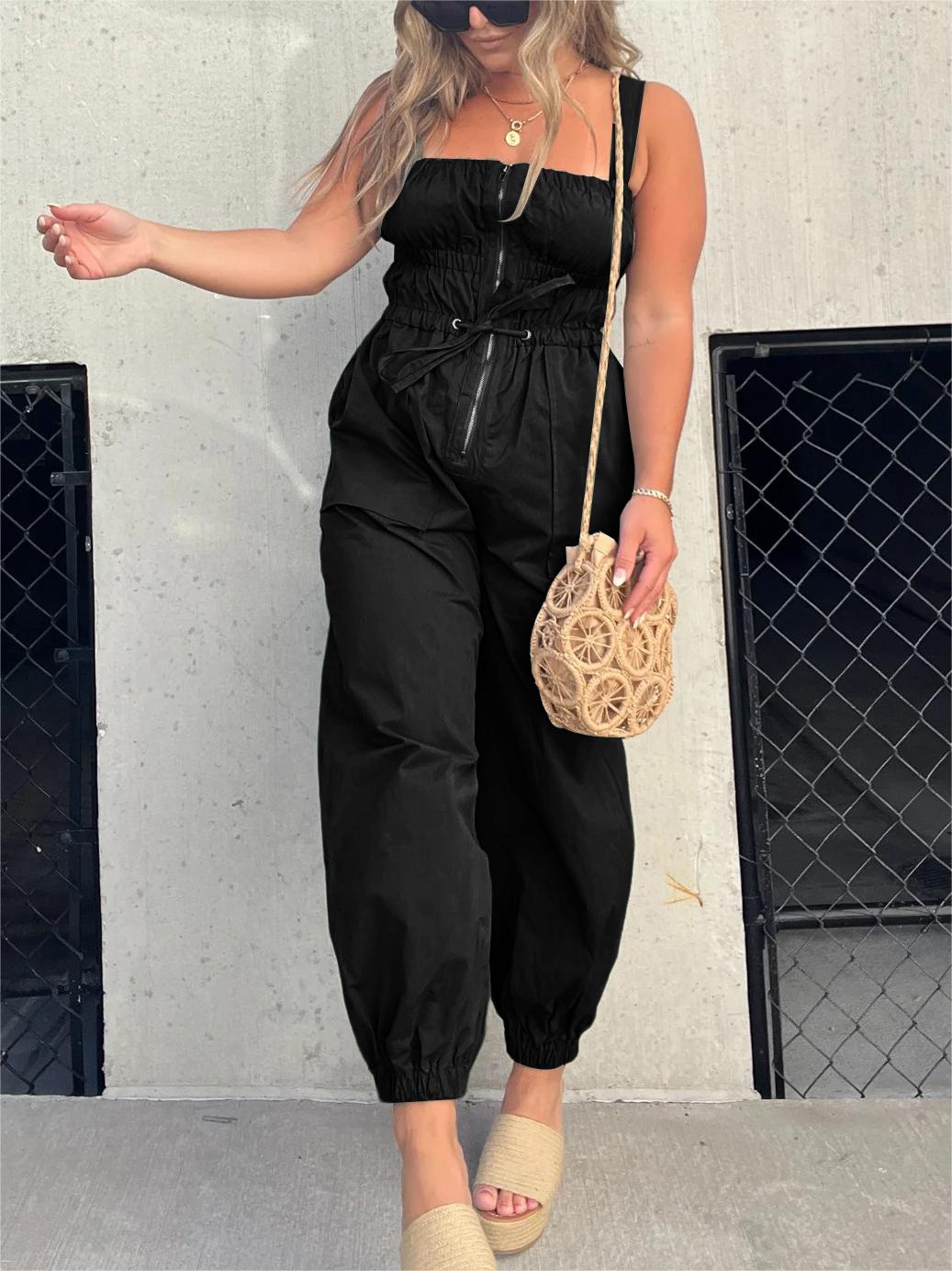 Ruched Elastic Front Zipper Jumpsuit (Buy 2 Free Shipping)