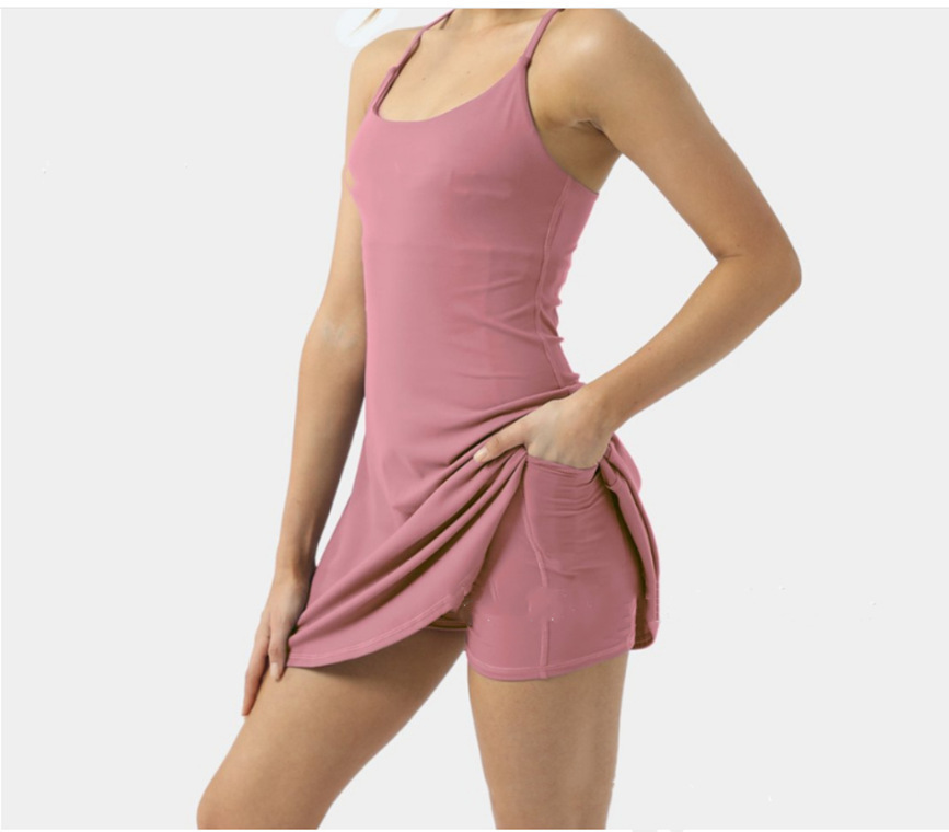 2-in-1 Exercise Dresses with Built-in Bra & Shorts-Pink Laura