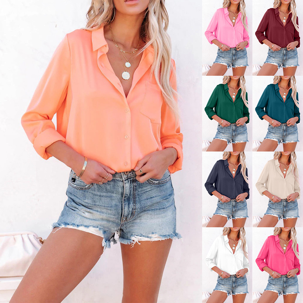 Satin Solid Color V-neck Business Casual Blouse