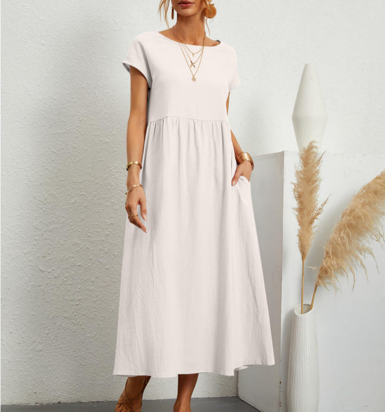 Women's Short Sleeve Cotton And Linen Dress-Pink Laura
