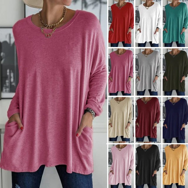Round Neck Long Sleeve Loose Pocket Solid T-Shirt-Pink Laura