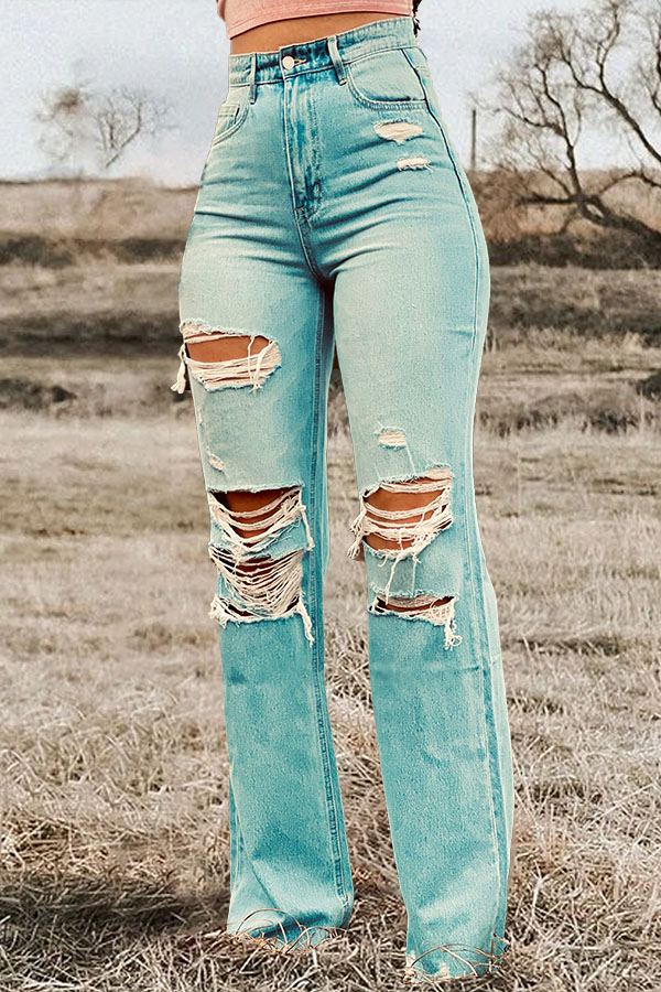 High Waist Distressed Casual Jeans-Pink Laura