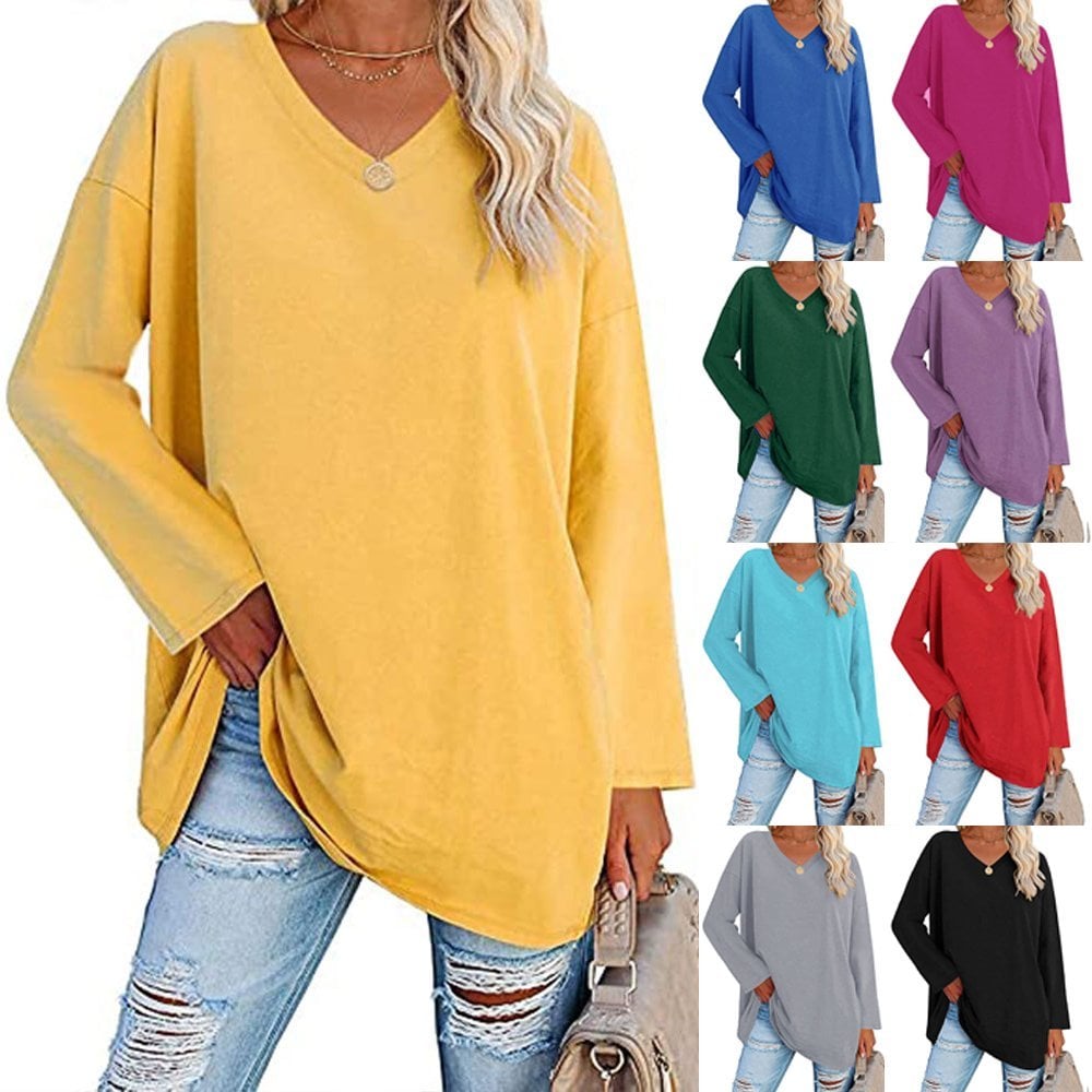 Women's Loose Long Sleeve Fashion V-neck Top-Pink Laura