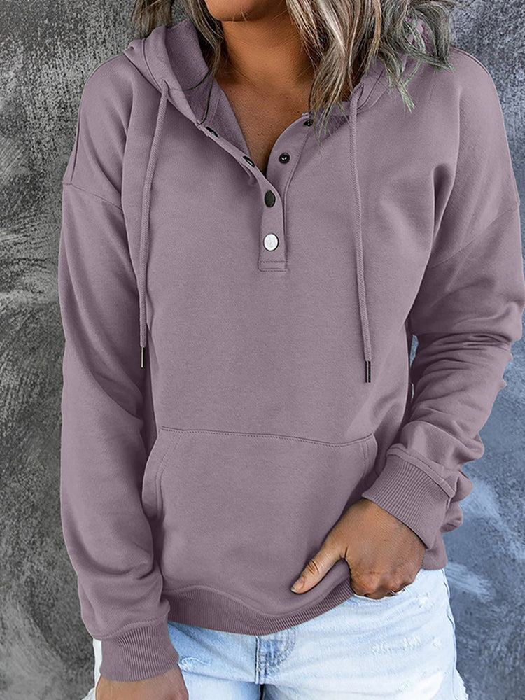 Solid Button Front Hoodie with Pocket-Pink Laura