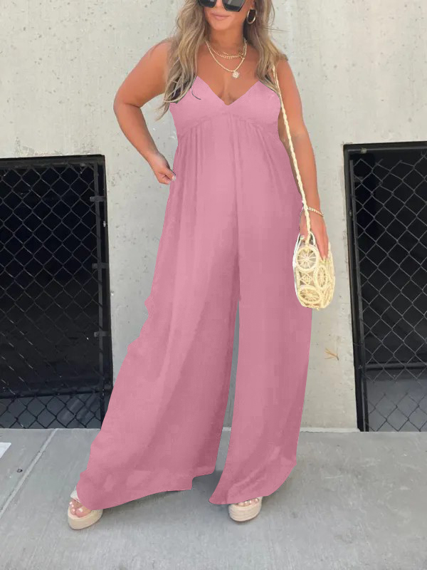 V-Neck Effortless Wide Leg Jumpsuit (Buy 2 Free Shipping)-Pink Laura
