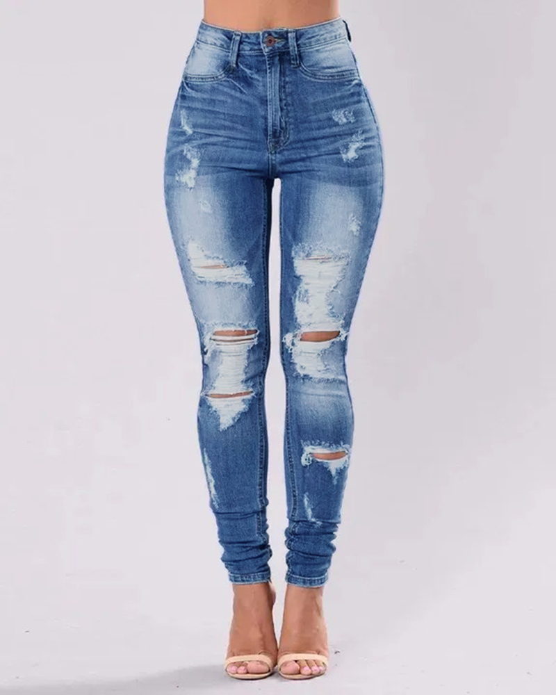 Knee Distressed Butt Lifting Skinny Jeans-Pink Laura