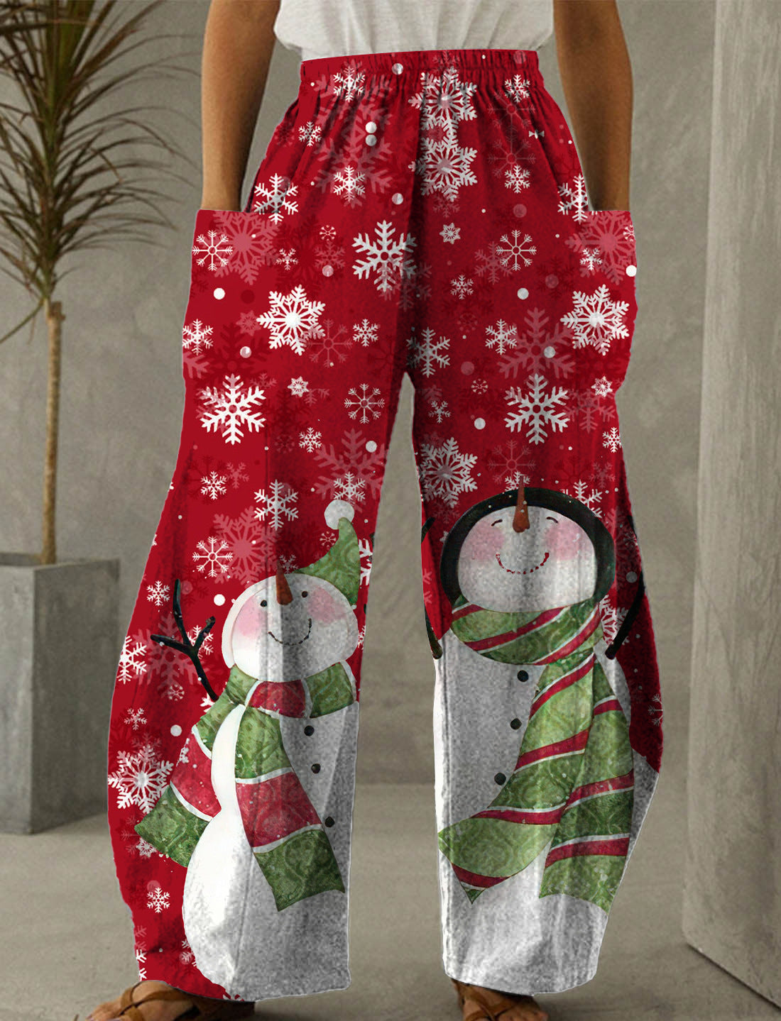 Christmas Red Snowman Print Casual Pants-Pink Laura