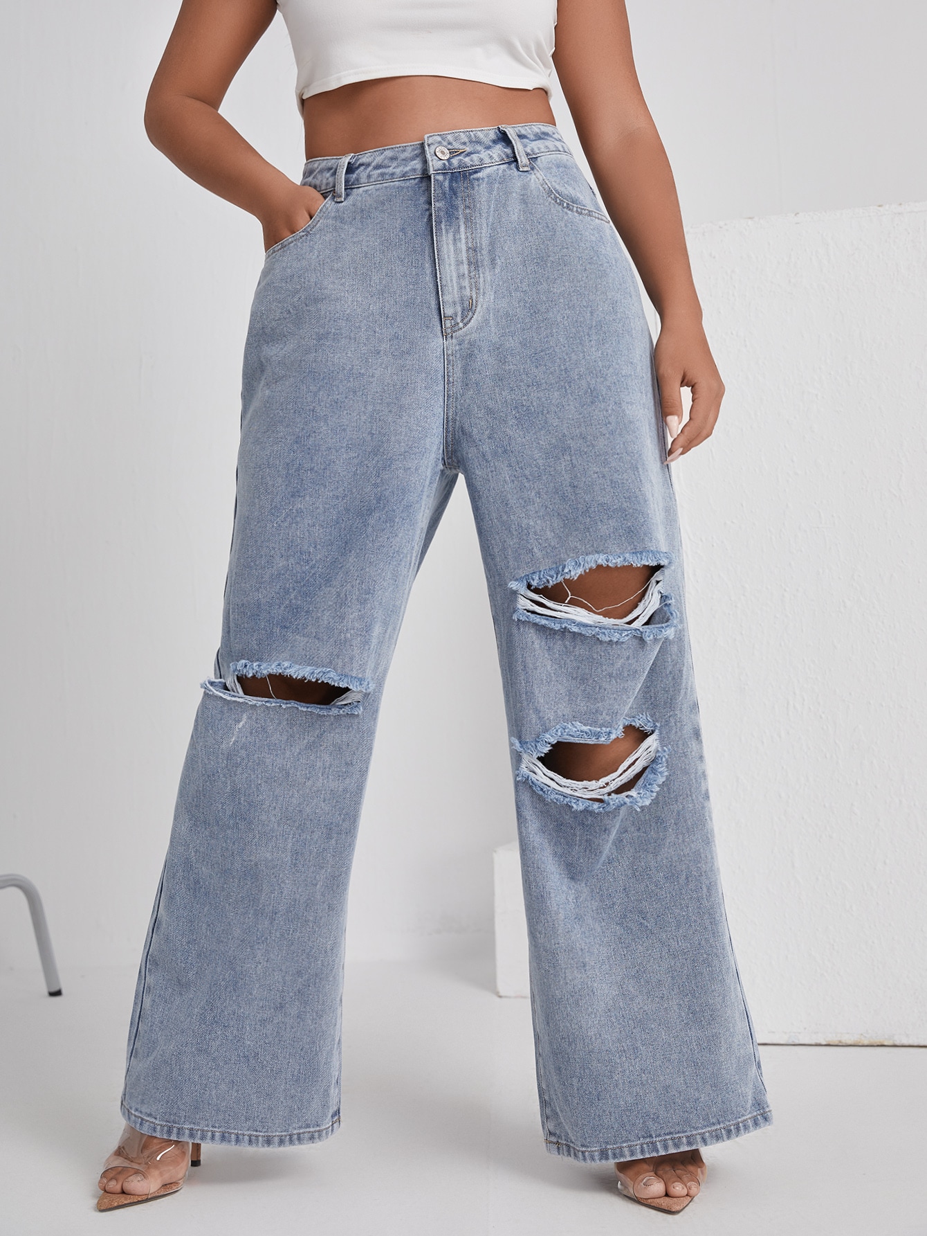 Plus High Waist Ripped Wide Leg Jeans-Pink Laura