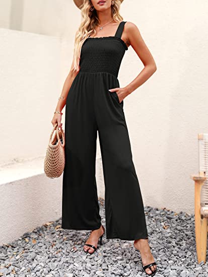 Smocked Wide Leg Jumpsuit Rompers with Pockets