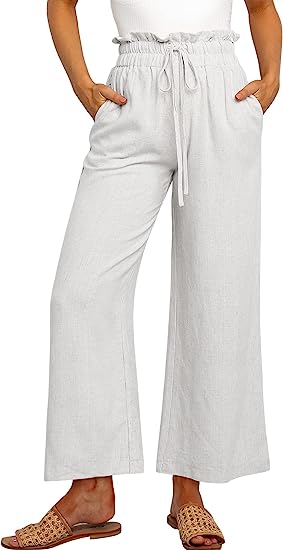  Women's High Waist Drawstring Wide Leg Linen Pants-Pink Laura